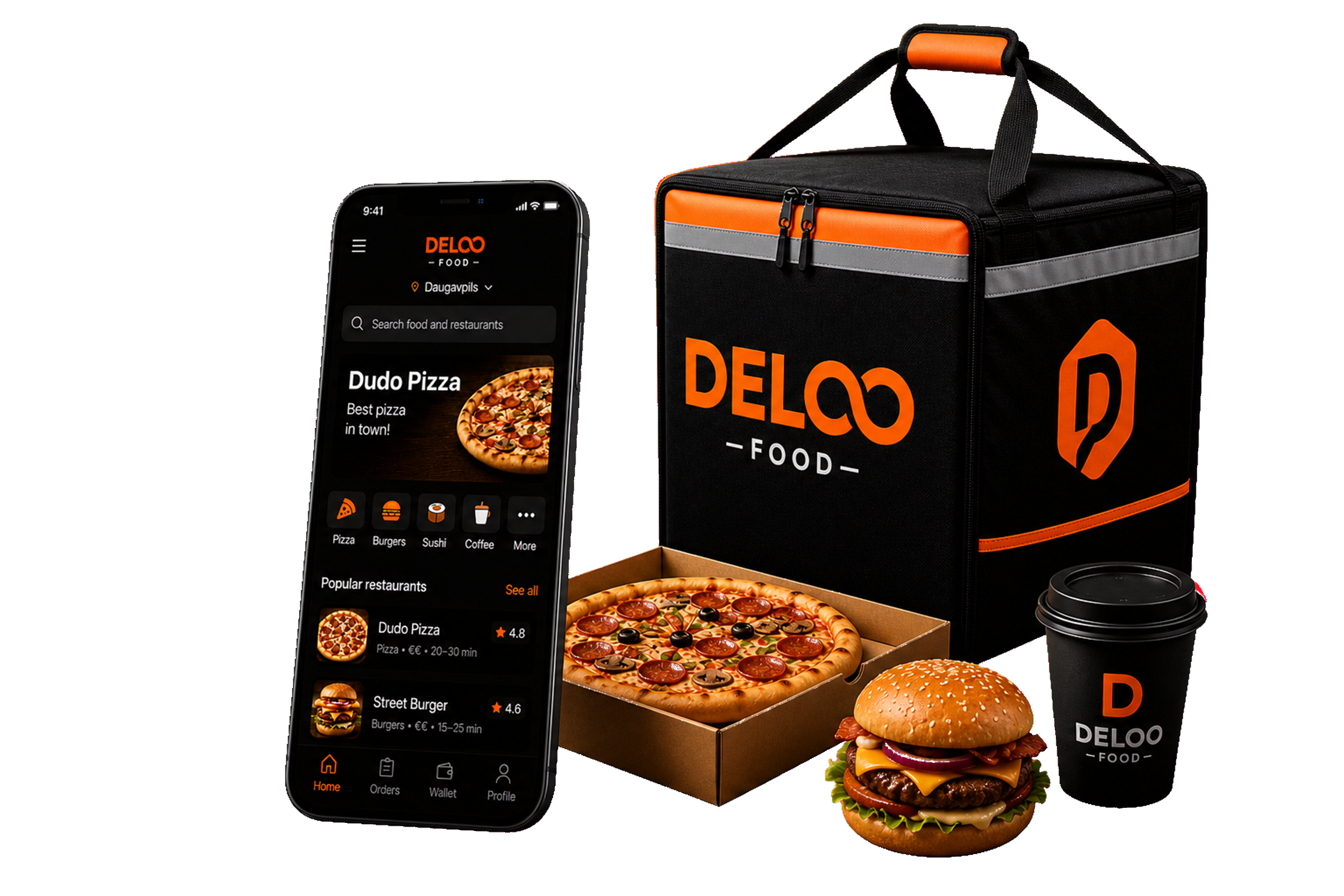 Deloo Food app, branded delivery bag, pizza, burger and coffee